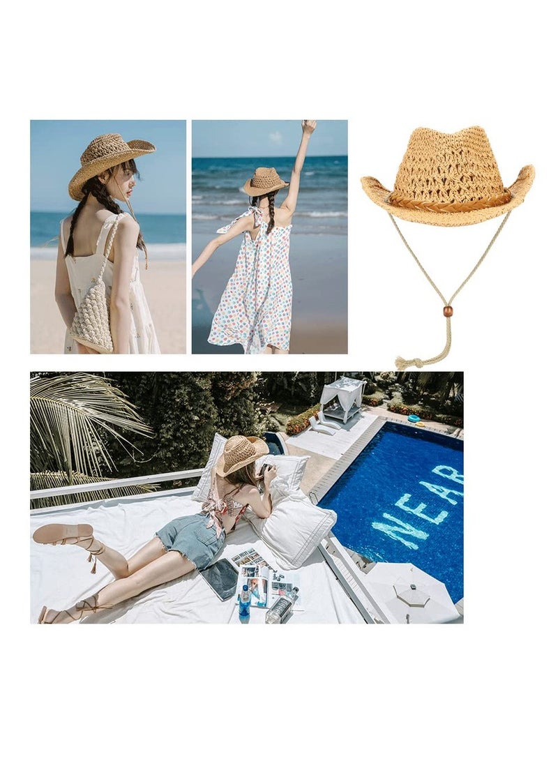Excefore Straw Cowboy Hat Wide Brim Sun Hat Cowgirl Summer Panama Hat with Chin Strap Men Women Sombrero Travel Outdoor Family Hat, Stay Cool and Shaded in Style  - Image 4