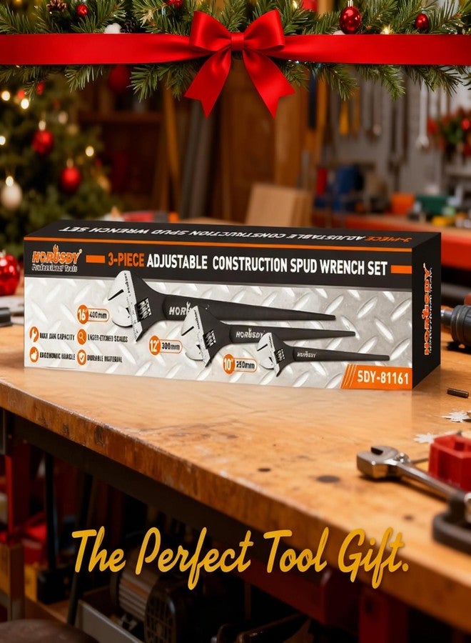 HORUSDY 3-Piece Adjustable Spud Wrench Set, 10", 12", 16", CR-V Steel, SAE & Metric Scale, Black Oxide Finish, Heavy Duty Wrenches for Construction, Mechanical Repair, DIY and Outdoor Projects - Image 2