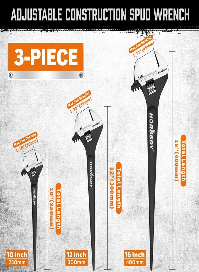 HORUSDY 3-Piece Adjustable Spud Wrench Set, 10", 12", 16", CR-V Steel, SAE & Metric Scale, Black Oxide Finish, Heavy Duty Wrenches for Construction, Mechanical Repair, DIY and Outdoor Projects - Image 3