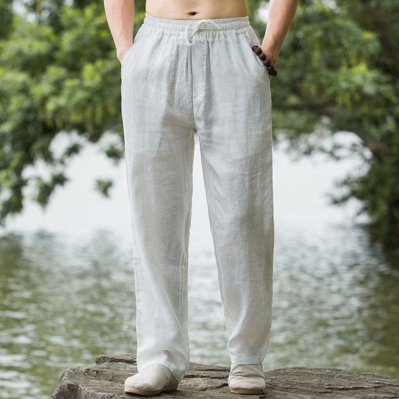 Linen Mens Pants Retro Chinese Style Mens Summer Loose Thin Straight Trousers Mens Cotton and Linen Casual Trendy Pants Grey  - Image 3