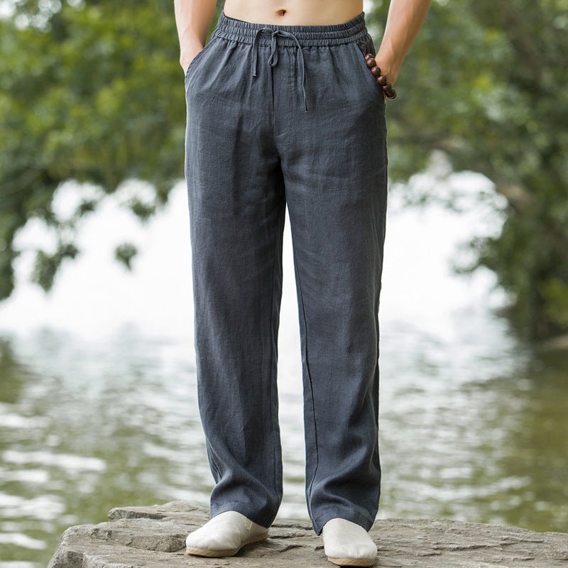Linen Mens Pants Retro Chinese Style Mens Summer Loose Thin Straight Trousers Mens Cotton and Linen Casual Trendy Pants Grey  - Image 1
