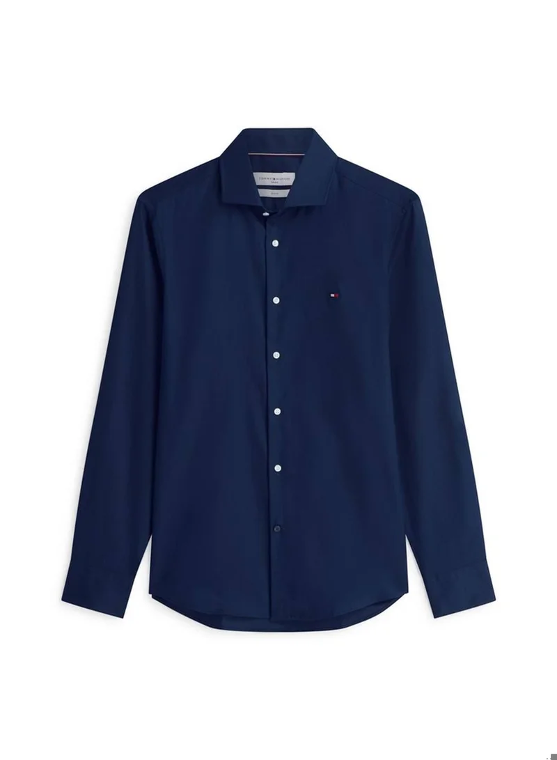 Tommy Hilfiger Carbon Navy Slim Fit Flag Embroidery Dobby Shirt for Men | Best Price UAE