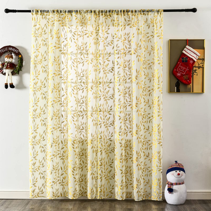 Deeprove Sheer Curtains 84 Inch Length 2 Panels Set Gold Foil Metallic Vine Leaves Print Window Treatments for Bedroom Xmas DecorBronzing Privacy Ivory Drapes Rod Pocket 52 W x 84 L Cream