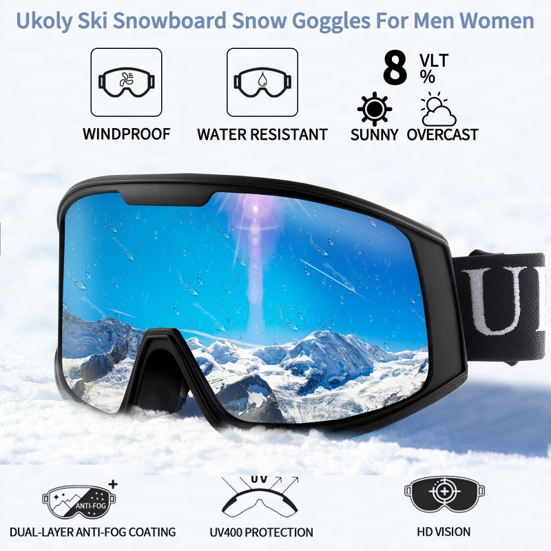 Ukoly Ski/Snowboard Goggles for Men Women, Snow Goggles HD Lens Anti-Fog Coating OTG Design UV400 Protection Windproof (Black Frame Silver HD Lens) - Image 5