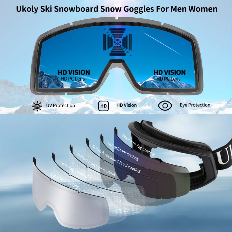 Ukoly Ski/Snowboard Goggles for Men Women, Snow Goggles HD Lens Anti-Fog Coating OTG Design UV400 Protection Windproof (Black Frame Silver HD Lens) - Image 4