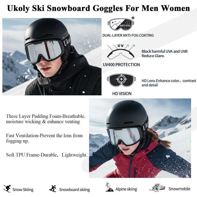 Ukoly Ski/Snowboard Goggles for Men Women, Snow Goggles HD Lens Anti-Fog Coating OTG Design UV400 Protection Windproof (Black Frame Silver HD Lens) - Image 3
