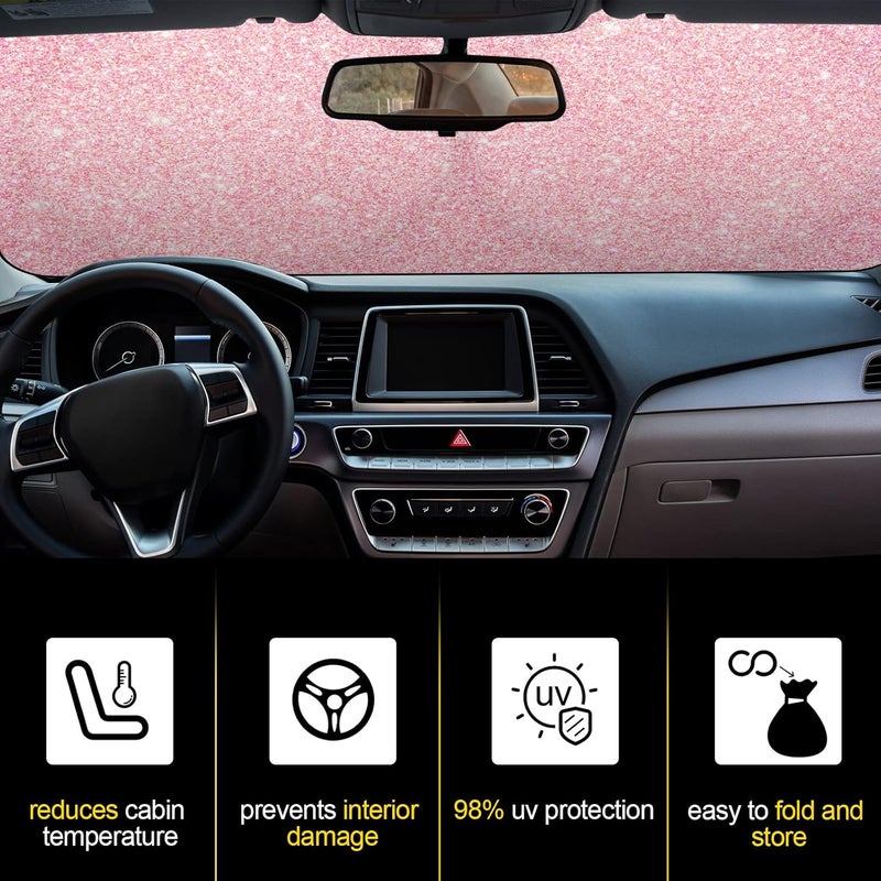 Woanger Pink Glitter Texture Windshield Sun Shade Foldable Car Front Window Covers for Car Accessories Sun Heat UV Rays Visor Protector Protection for Universal Cars SUV Truck - Image 4