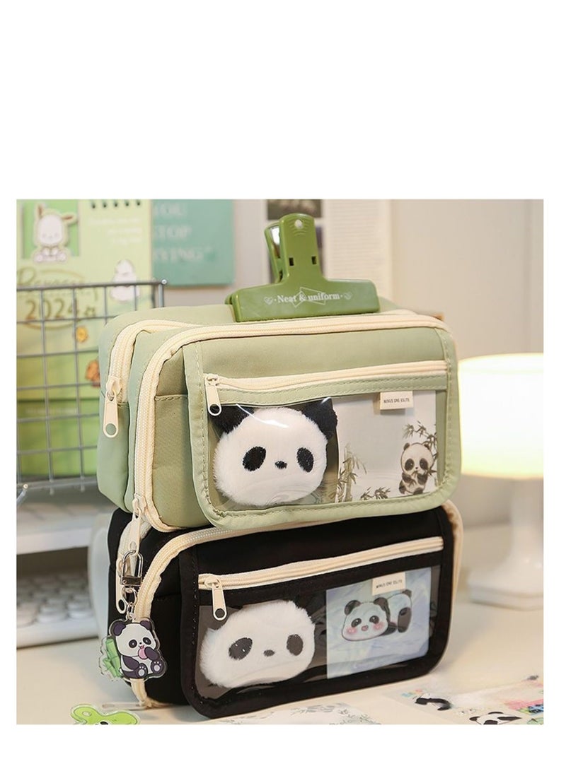 SOLARAE Cute Panda Pencil Case Set, 10Pcs Large Capacity Aesthetic Pencil Pouch for Adults, Kawaii Zipper Pen Bag with Gel Ink Pens, Clips, Stickers, and Pins (Black) - Image 5