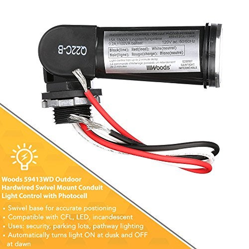 Woods 59413 59413WD Outdoor Conduit Lighting Control With Photocell and Swivel Mount (Hardwired; Black); 1 Count (Pack of 1) - Image 5