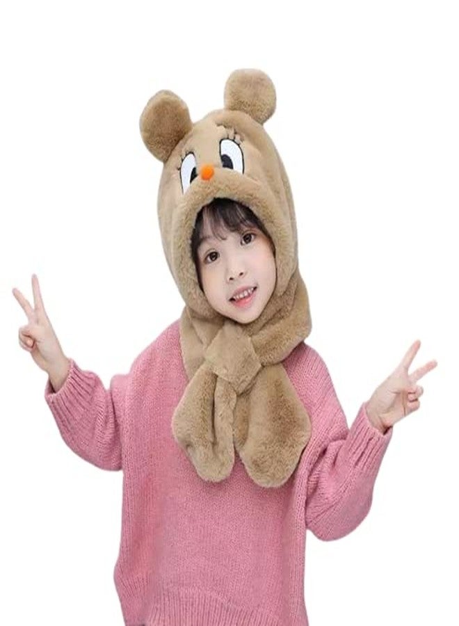 Dressify® Warm and Winter Kids Hooded Thickened Plush Cap Cute Happy Duck Scarf hat Two-in-one (Scarf Attached with Hood) 9-10 Year Light Brown Color - Image 1