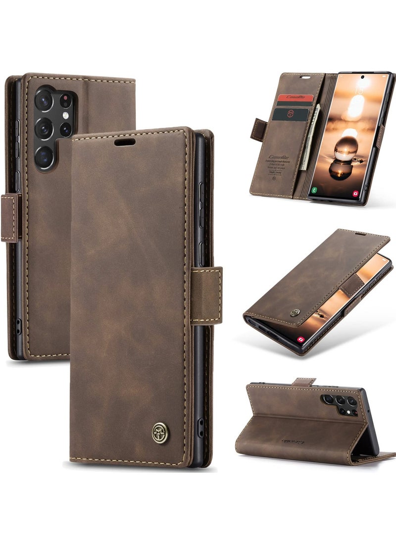CaseMe Phone Case Luxury PU Leather Design 013 Flip Cover Card Slot Holder Cover For Samsung Galaxy S24 Ultra (Coffe)  - Image 1