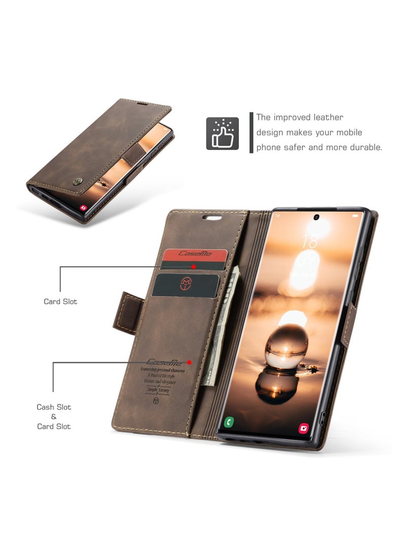 CaseMe Phone Case Luxury PU Leather Design 013 Flip Cover Card Slot Holder Cover For Samsung Galaxy S24 Ultra (Coffe)  - Image 4