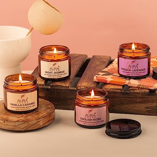 AURA DECOR AuraDecor Set of 4 Scented Amber Jar Candles in Soy Wax || Burning Time 25 Hours Each || Soy Wax || Paraben Free || EnglishRose, Vanilla Caramel, Night Jasmine, French Lavender (Pack of 4) - Image 3