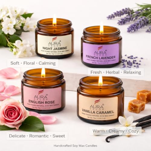 AURA DECOR AuraDecor Set of 4 Scented Amber Jar Candles in Soy Wax || Burning Time 25 Hours Each || Soy Wax || Paraben Free || EnglishRose, Vanilla Caramel, Night Jasmine, French Lavender (Pack of 4) - Image 2