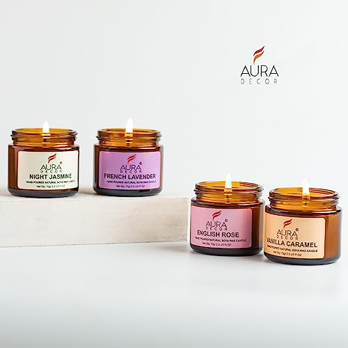 AURA DECOR AuraDecor Set of 4 Scented Amber Jar Candles in Soy Wax || Burning Time 25 Hours Each || Soy Wax || Paraben Free || EnglishRose, Vanilla Caramel, Night Jasmine, French Lavender (Pack of 4) - Image 5