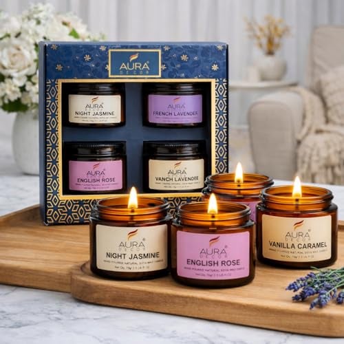 AURA DECOR AuraDecor Set of 4 Scented Amber Jar Candles in Soy Wax || Burning Time 25 Hours Each || Soy Wax || Paraben Free || EnglishRose, Vanilla Caramel, Night Jasmine, French Lavender (Pack of 4) - Image 1