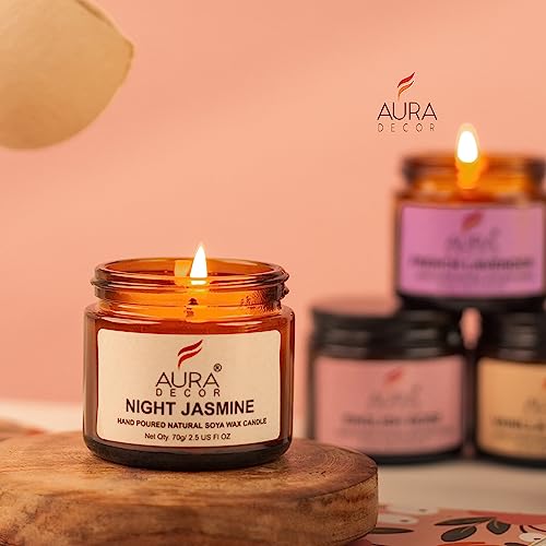 AURA DECOR AuraDecor Set of 4 Scented Amber Jar Candles in Soy Wax || Burning Time 25 Hours Each || Soy Wax || Paraben Free || EnglishRose, Vanilla Caramel, Night Jasmine, French Lavender (Pack of 4) - Image 4
