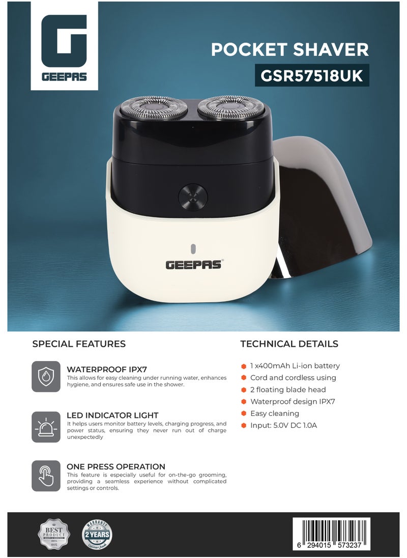 GEEPAS - Pocket Shaver Waterproof IPX7 Design, Cord and Cordless Use, Compact and Travel Size | 2 Floating Heads, One-Press Operation, Perfect for Shaving | GSR57518UK - Image 1