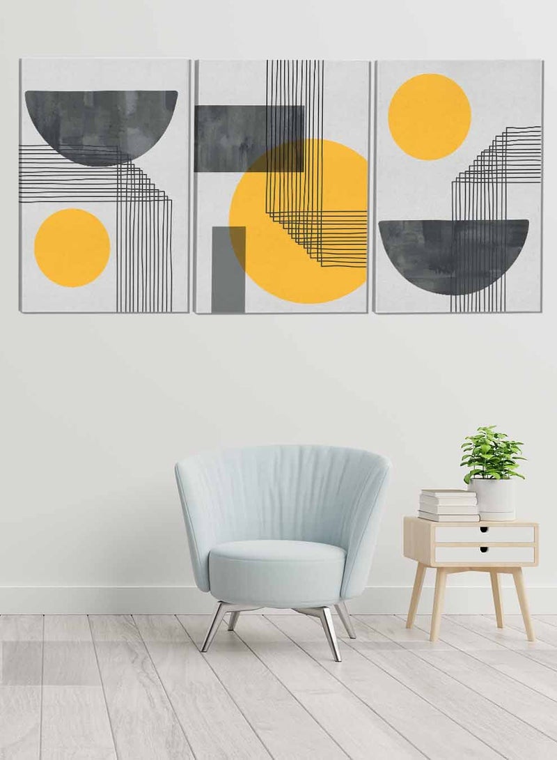 لوحة طقم من ٣ لوحات كانفاس على إطار خشبي تصميم دوائر ومستطيل وخطوط منحنية للمنزل غرفة المعيشة المكتب الديكور - Image 1