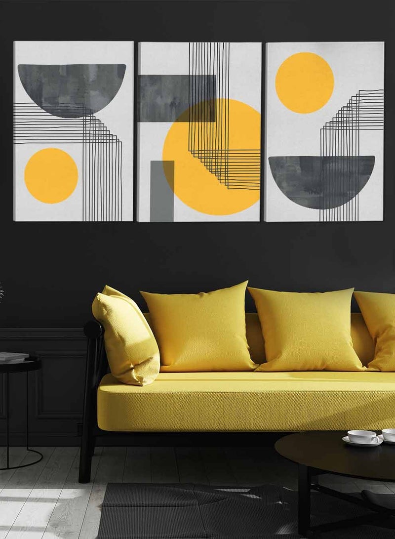 لوحة طقم من ٣ لوحات كانفاس على إطار خشبي تصميم دوائر ومستطيل وخطوط منحنية للمنزل غرفة المعيشة المكتب الديكور - Image 3