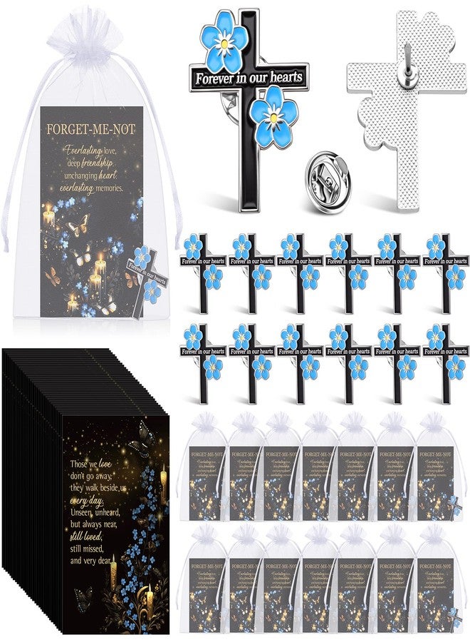 تونديامو مجموعة تونديمو المكونة من 30 مجموعة هدايا تذكارية للجنازة: دبابيس صليب زهرة لا تنساني، دبابيس مينا مسيحية، بطاقات قصائد، حقيبة أورجانزا كهدية لضيوف المواساة. - Image 1