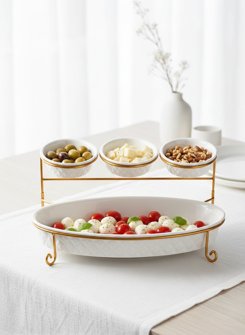Shallow Porcelain 2-Tier Oval Serving Set - Gold Stand Rack - 3x 20cm and 1x 40cm - Image 3