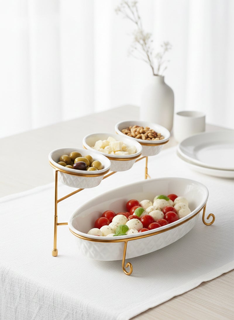 Shallow Porcelain 2-Tier Oval Serving Set - Gold Stand Rack - 3x 20cm and 1x 40cm - Image 5