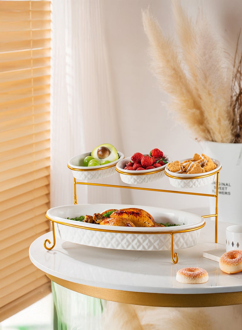 Shallow Porcelain 2-Tier Oval Serving Set - Gold Stand Rack - 3x 20cm and 1x 40cm - Image 1