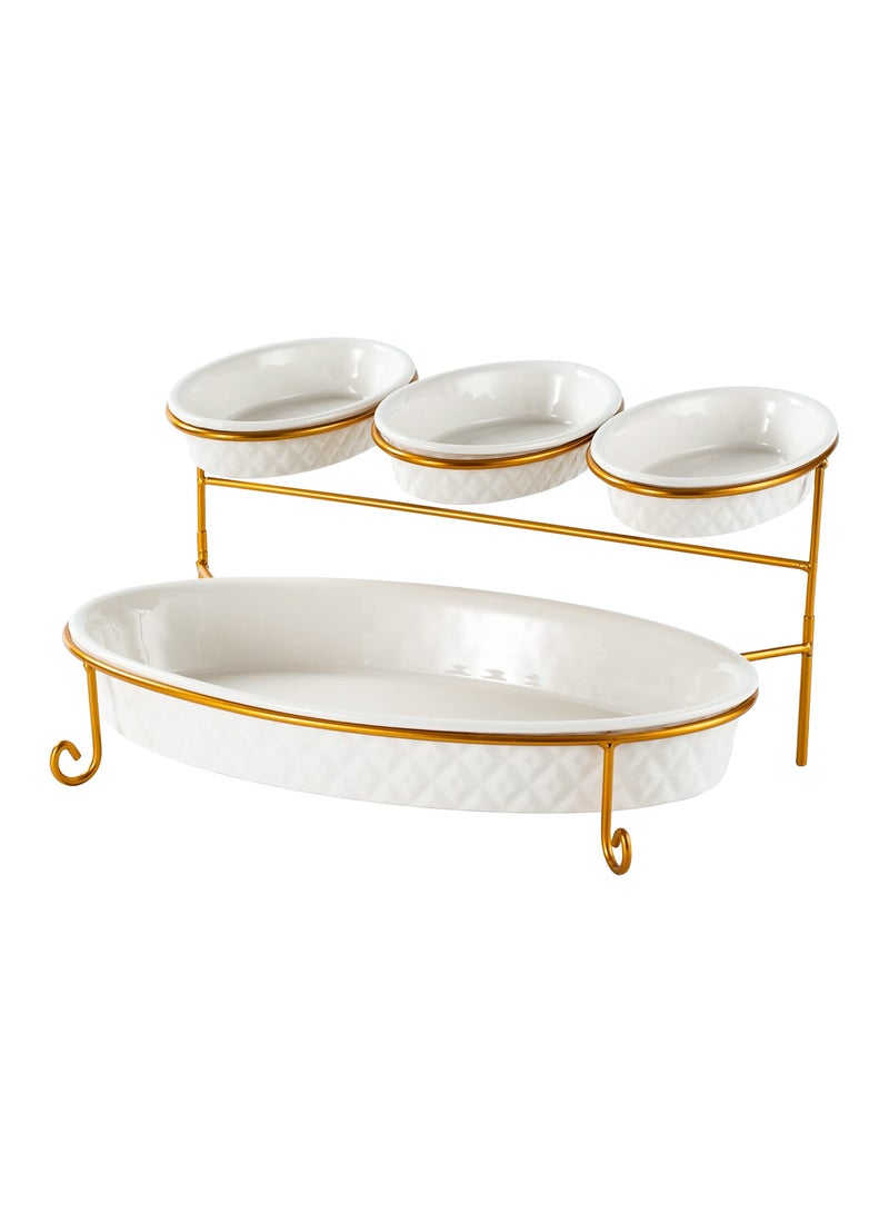 Shallow Porcelain 2-Tier Oval Serving Set - Gold Stand Rack - 3x 20cm and 1x 40cm - Image 2