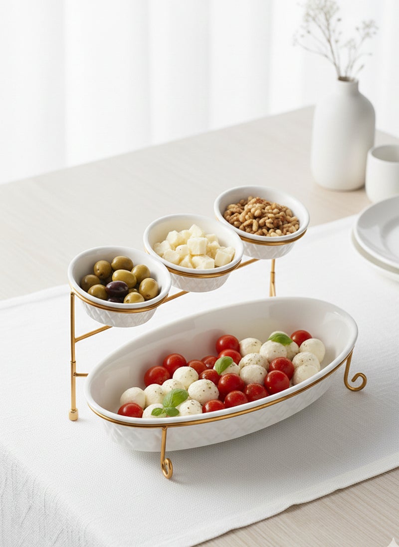 Shallow Porcelain 2-Tier Oval Serving Set - Gold Stand Rack - 3x 20cm and 1x 40cm - Image 4