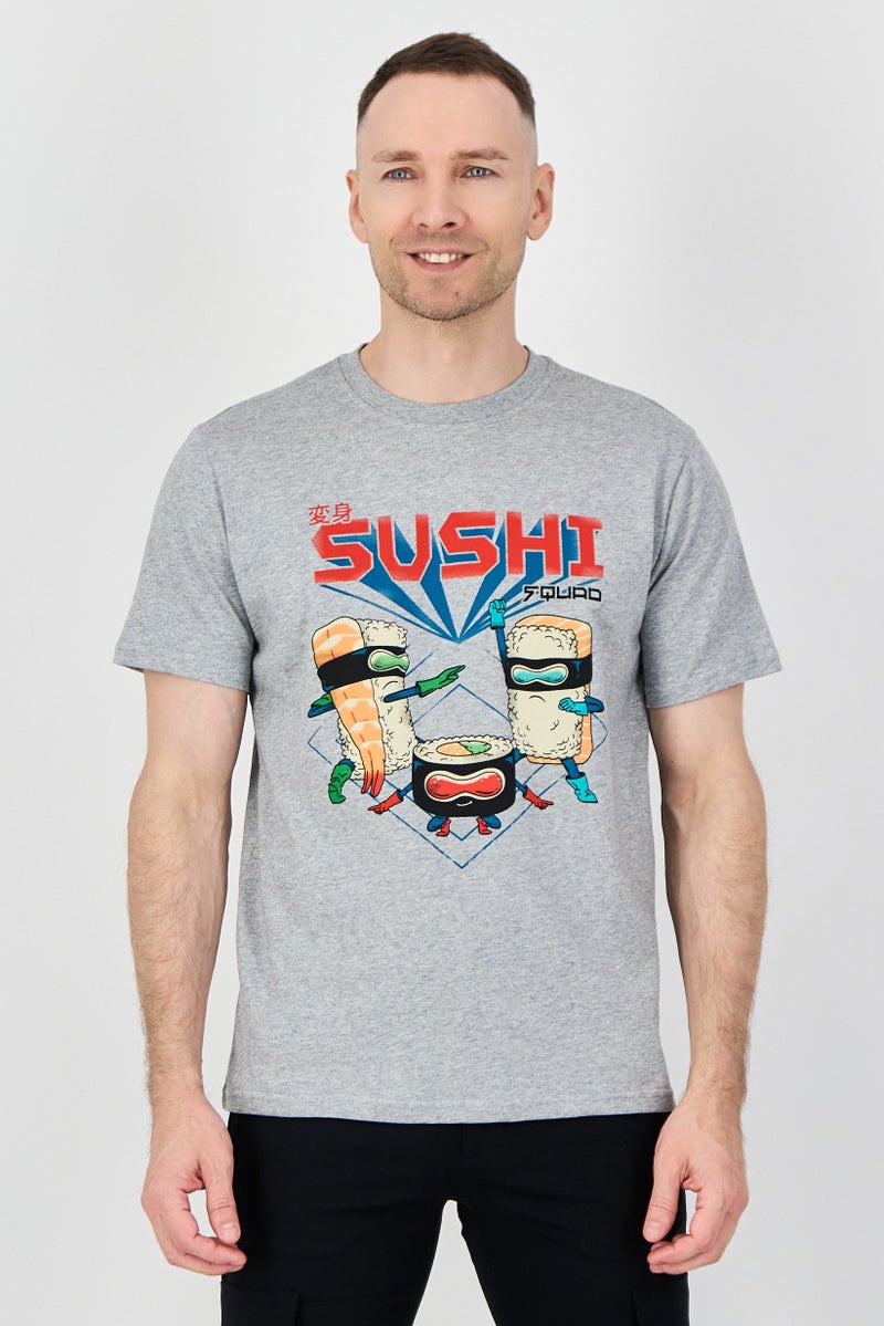 YOTO Men Crew Neck Graphic Print Short Sleeve T-Shirt, Heather Grey - Image 1