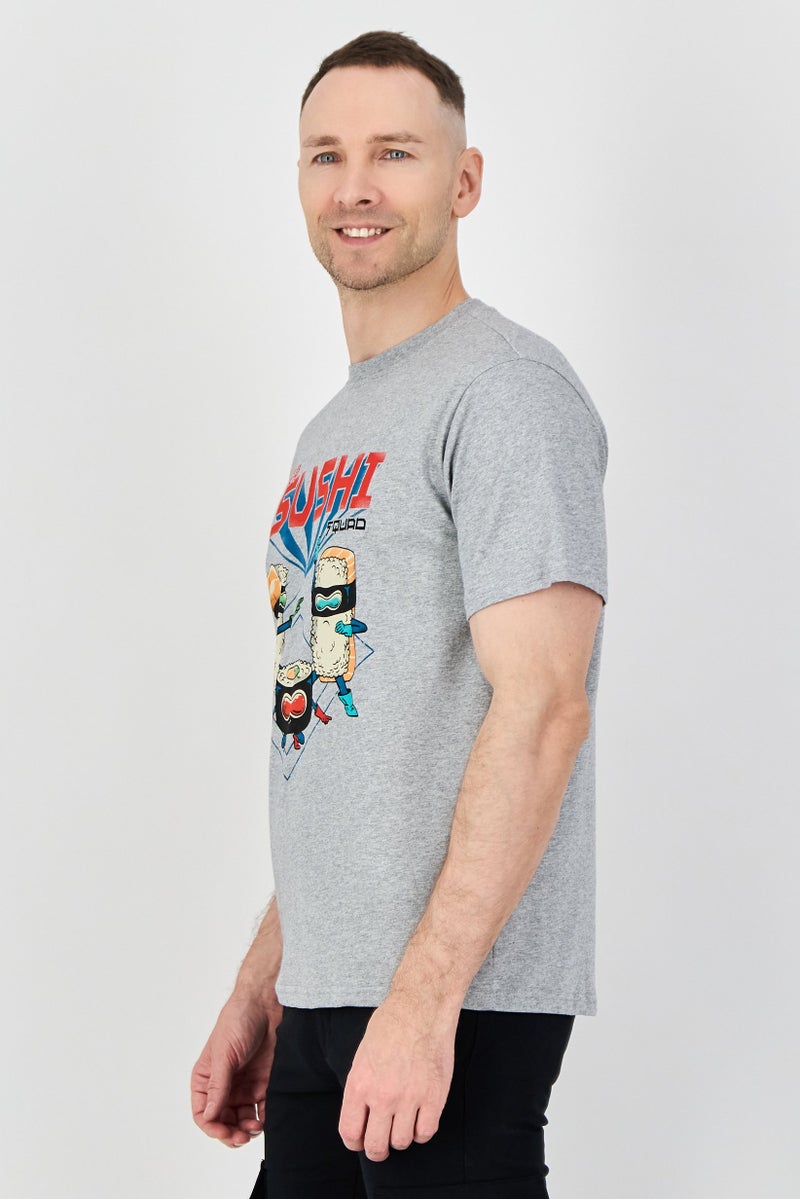 YOTO Men Crew Neck Graphic Print Short Sleeve T-Shirt, Heather Grey - Image 2