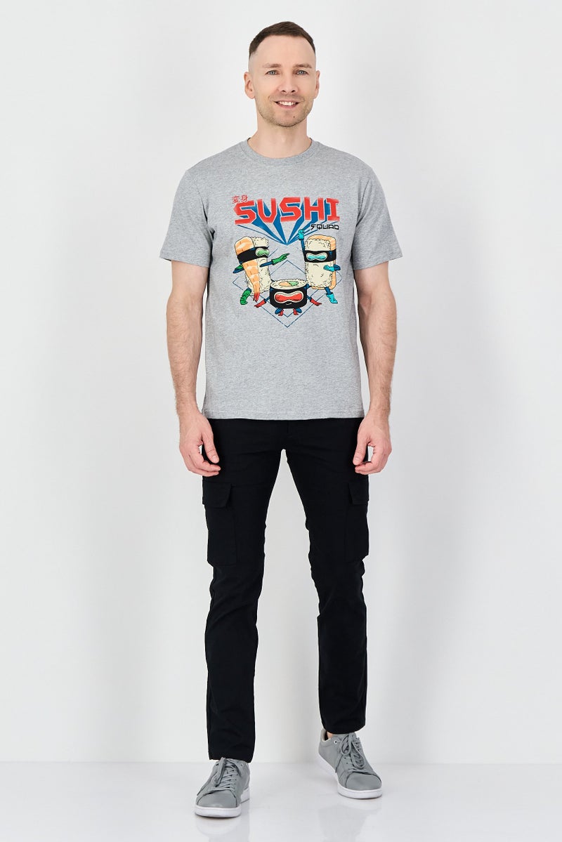 YOTO Men Crew Neck Graphic Print Short Sleeve T-Shirt, Heather Grey - Image 4