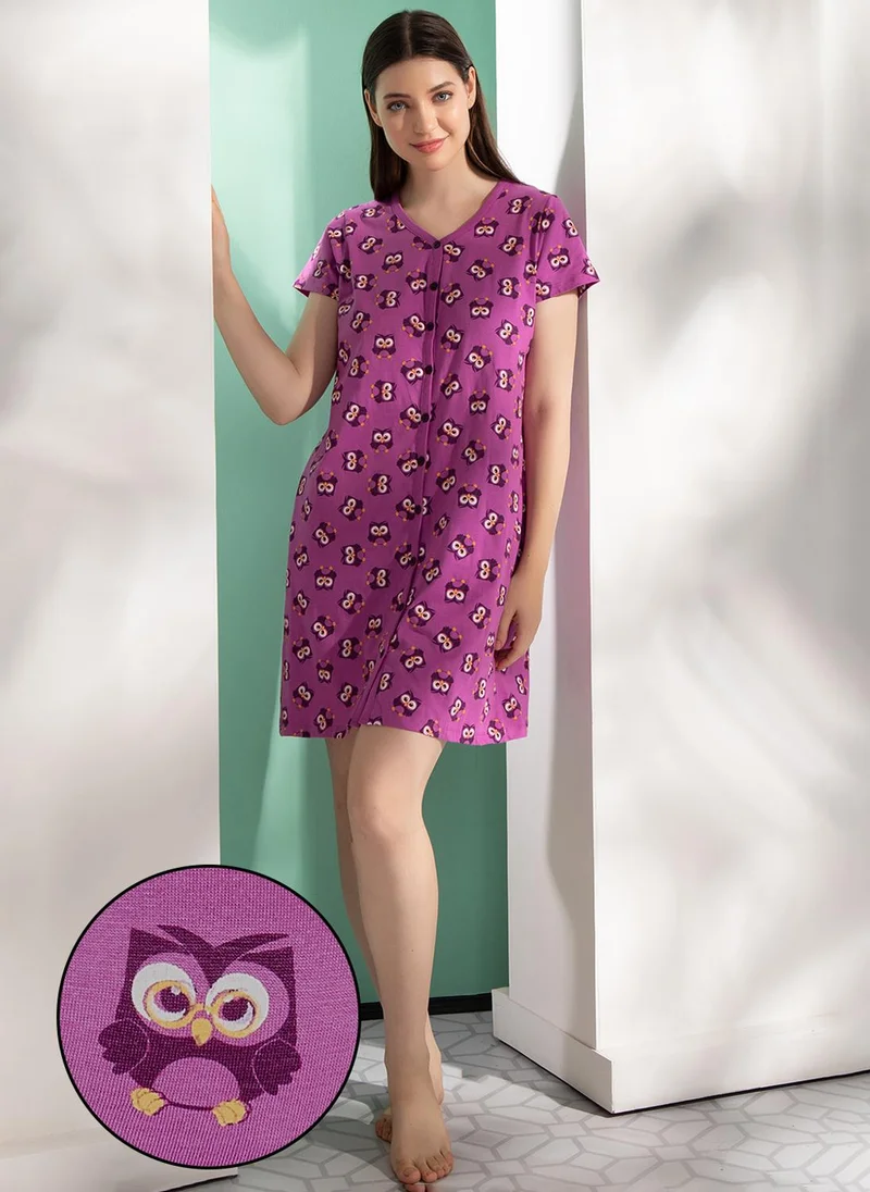 Clovia Clovia Owl Print Button Me Up Short Nightdress in Purple - 100% Cotton