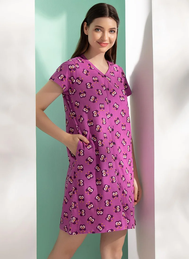 Clovia Clovia Owl Print Button Me Up Short Nightdress in Purple - 100% Cotton