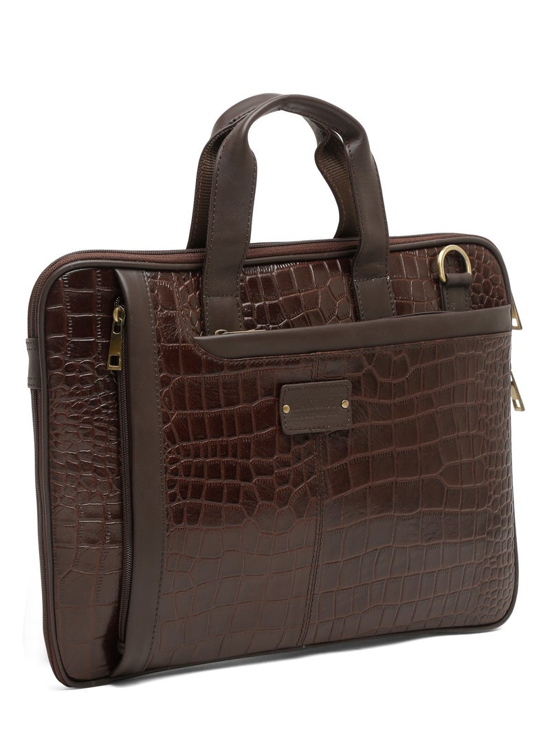 TEAKWOOD - Genuine Leather Laptop Bag Dark Brown Croco Print - Image 1