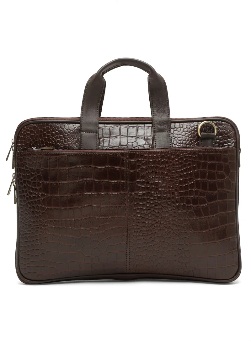 TEAKWOOD Genuine Leather Laptop Bag Dark Brown Croco Print