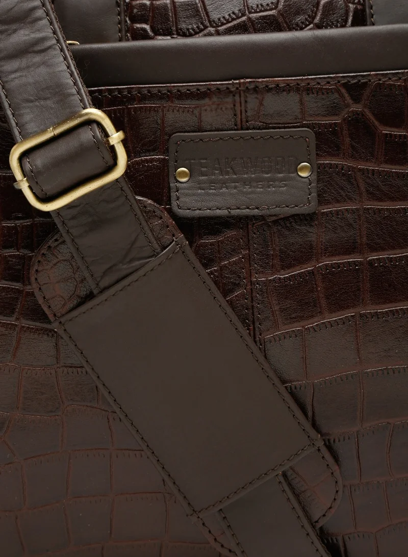 TEAKWOOD Genuine Leather Laptop Bag Dark Brown Croco Print