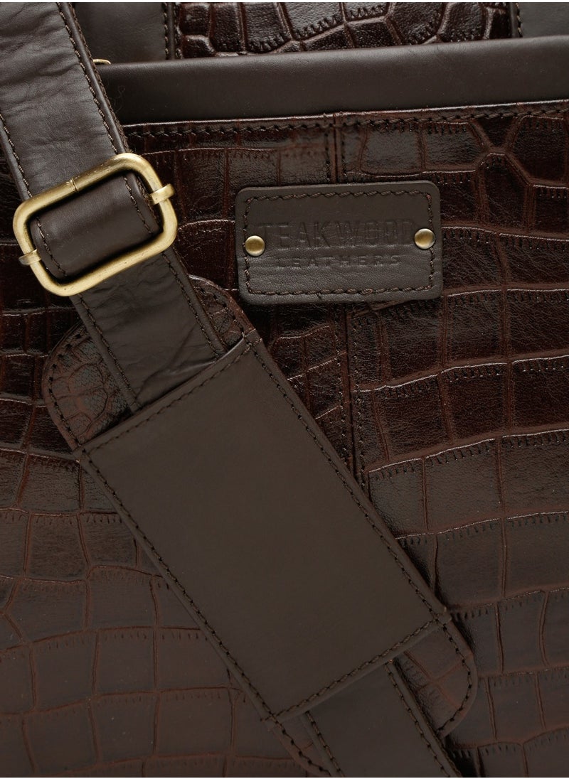 TEAKWOOD - Genuine Leather Laptop Bag Dark Brown Croco Print - Image 1