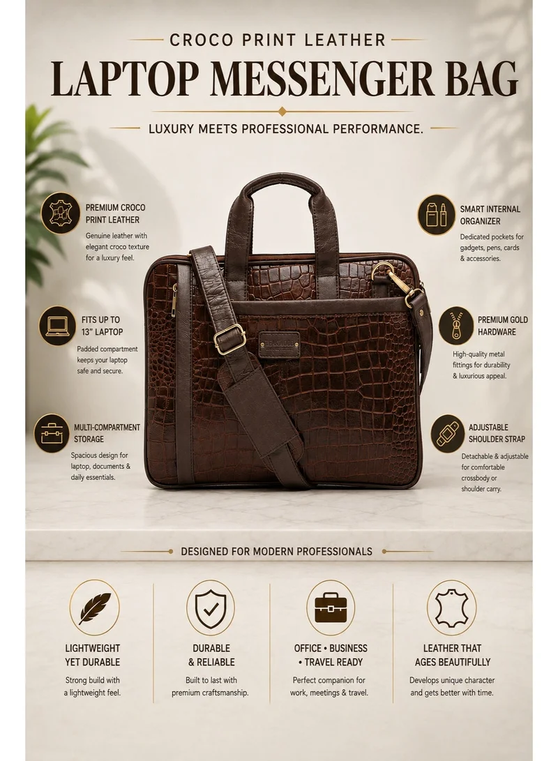 TEAKWOOD Teakwood Genuine Leather Croco Print Laptop Messenger Bag for Men | Fits up to 13” Laptop | Brown Luxury Business Briefcase | Multi-Compartment | Shoulder Strap | Durable Premium Office & Travel Bag