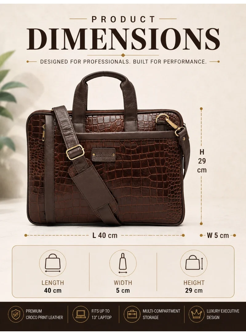 Teakwood  Teakwood Genuine Leather Croco Print Laptop Unisex Messenger Bag | Fits up to 13” Laptop | Brown Luxury Business Briefcase | Multi-Compartment | Shoulder Strap | Durable Premium Office & Travel Bag for Men | Best Price UAE