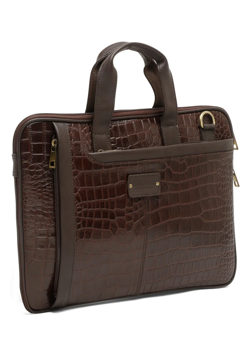 Teakwood  Teakwood Genuine Leather Croco Print Laptop Unisex Messenger Bag | Fits up to 13” Laptop | Brown Luxury Business Briefcase | Multi-Compartment | Shoulder Strap | Durable Premium Office & Travel Bag for Men | Best Price UAE