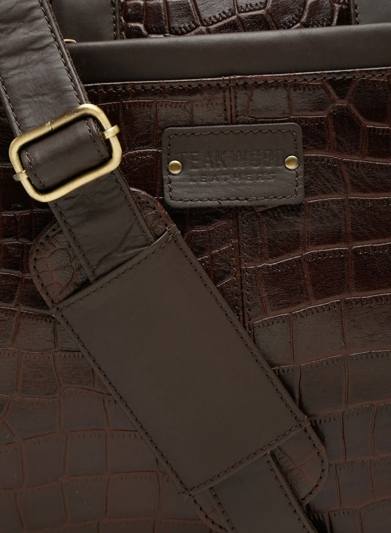 Teakwood  Teakwood Genuine Leather Croco Print Laptop Unisex Messenger Bag | Fits up to 13” Laptop | Brown Luxury Business Briefcase | Multi-Compartment | Shoulder Strap | Durable Premium Office & Travel Bag for Men | Best Price UAE