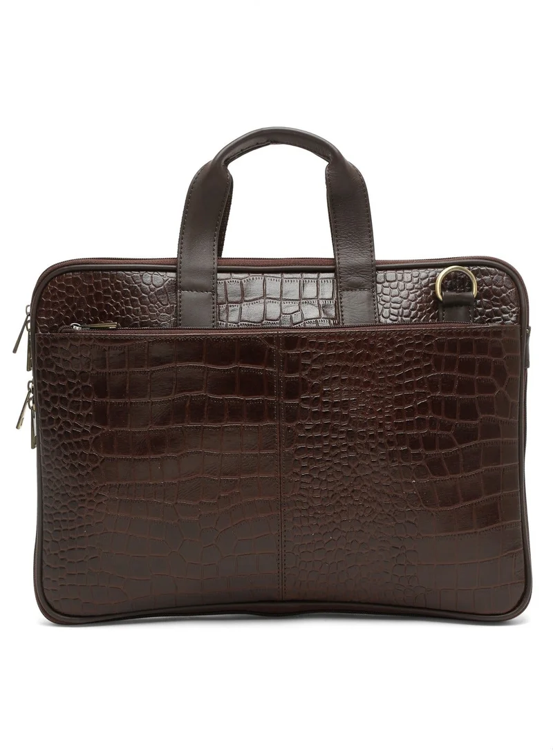Teakwood  Teakwood Genuine Leather Croco Print Laptop Unisex Messenger Bag | Fits up to 13” Laptop | Brown Luxury Business Briefcase | Multi-Compartment | Shoulder Strap | Durable Premium Office & Travel Bag for Men | Best Price UAE
