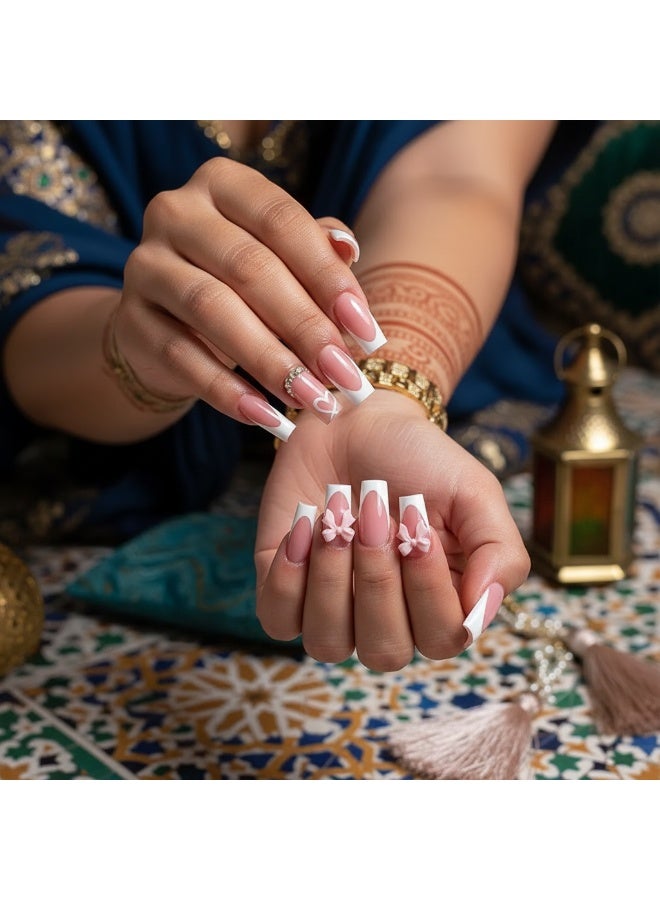 سنسيب نوع الأظافر: أظافر فرنسية ملصقة - حزمة جل ناعم، أظافر فرنسية مزيفة قصيرة، أظافر صالونية الجودة، أظافر ملصقة بسلاسة، أظافر ملصقة بالغراء للنساء، فن الأظافر، تزيين الأظافر. - Image 1