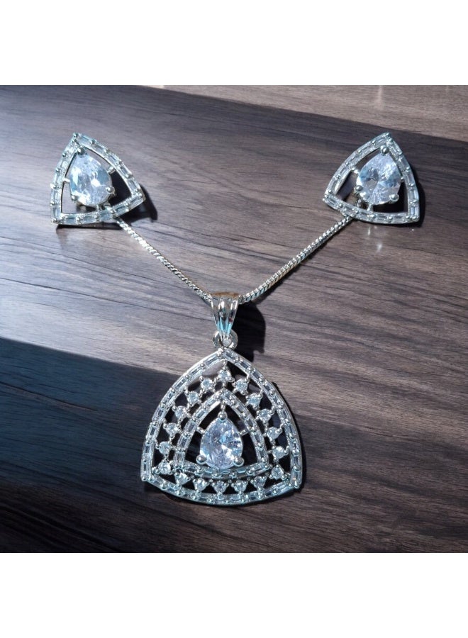 Pretty Precious Elegant American Diamond Pendant Set for Women | Rhodium Plated CZ Jewellery | Necklace with Matching Earrings-White - Image 1