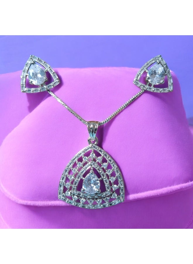 Pretty Precious Elegant American Diamond Pendant Set for Women | Rhodium Plated CZ Jewellery | Necklace with Matching Earrings-White - Image 2