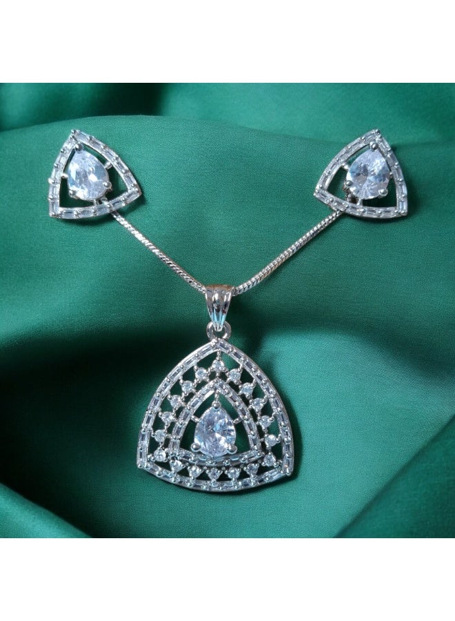 Pretty Precious Elegant American Diamond Pendant Set for Women | Rhodium Plated CZ Jewellery | Necklace with Matching Earrings-White - Image 3