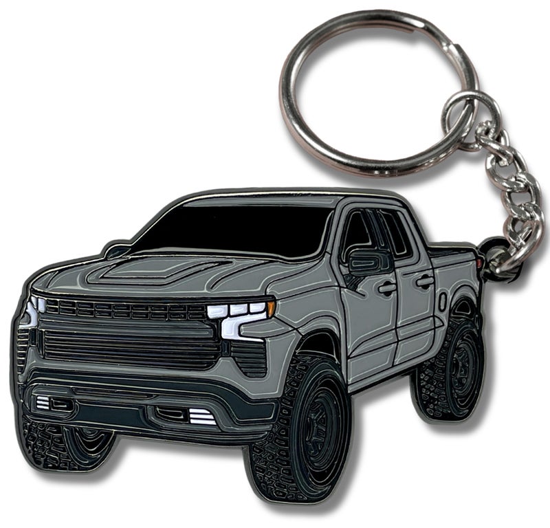 FOUR WHEEL BEAST Chevy Keychain Compatible with Chevy Silverado 1500 Accessories Toy Truck Gifts Men Key Fob Silver