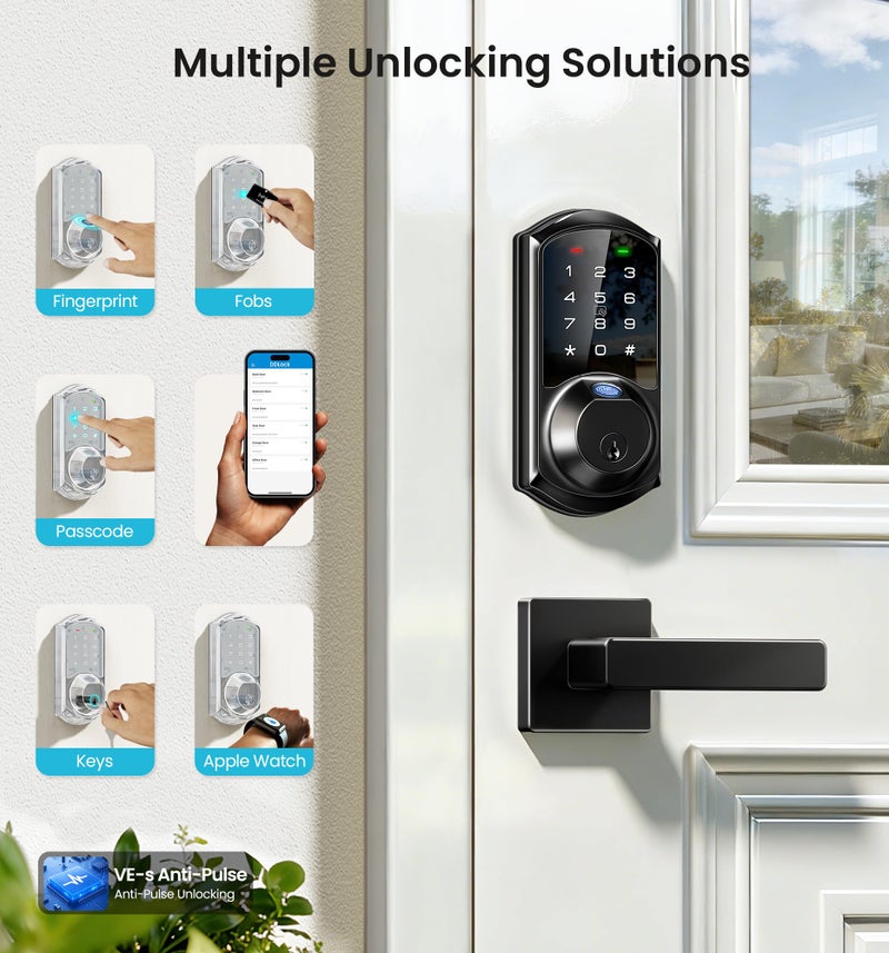 Veise VE07-L Fingerprint App Control Smart Locks with Heavy-Duty Zinc Alloy Handles, Keyless Entry for Front Door, Digital Electronic Touchscreen, Auto Lock, Waterproof, Easy Install, Matte Black - Image 2